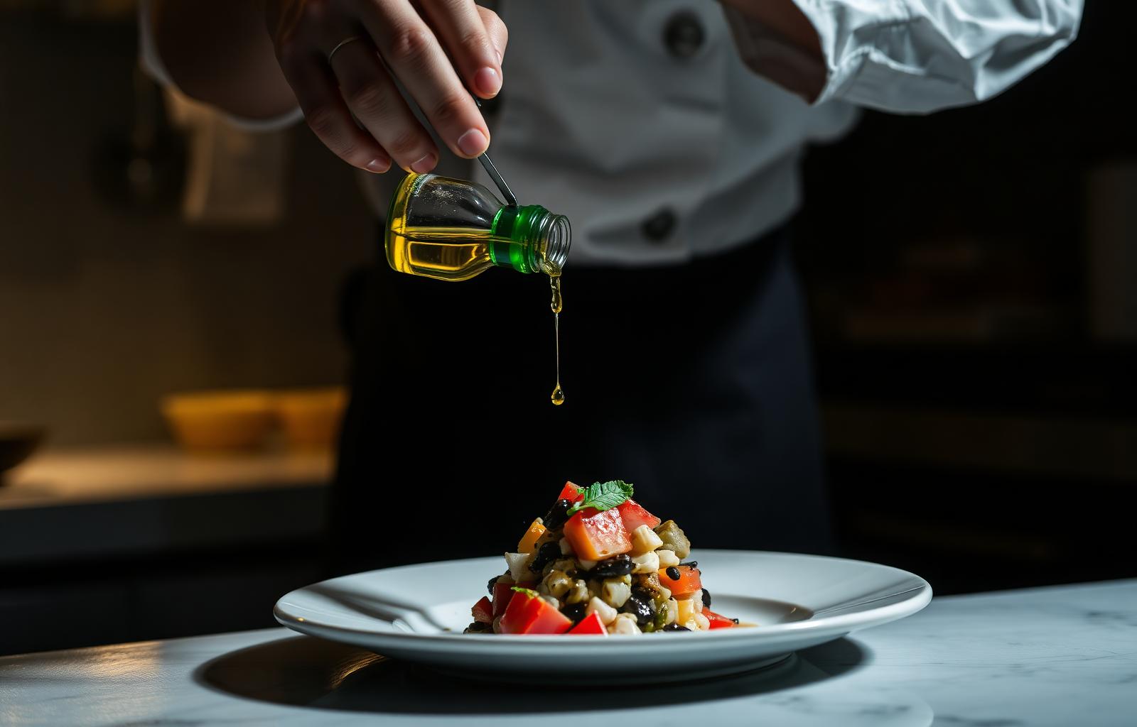 Chef finishing a dish with olive oil